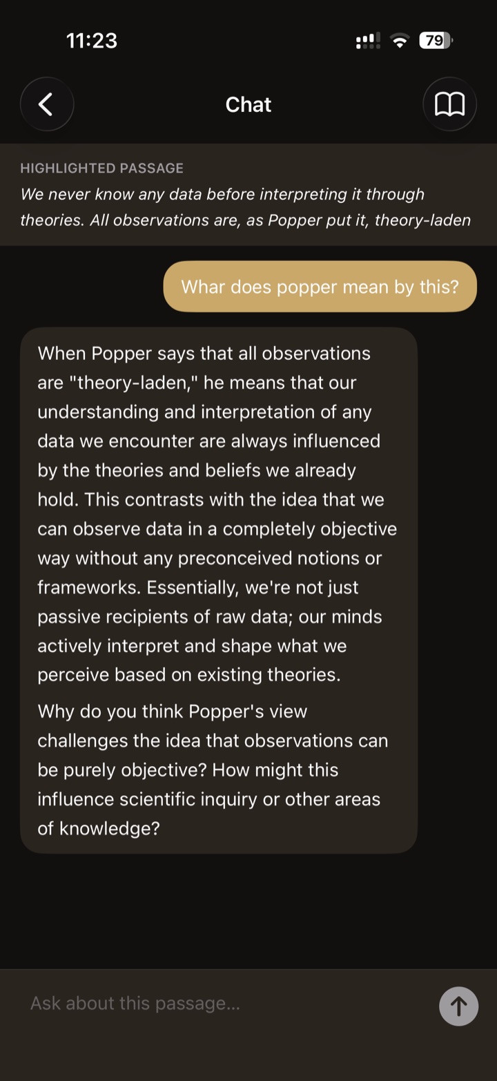 Full-screen chat attached to a highlighted passage about Karl Popper