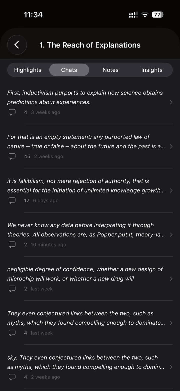 Every conversation listed under its chapter in the Deliberations tab
