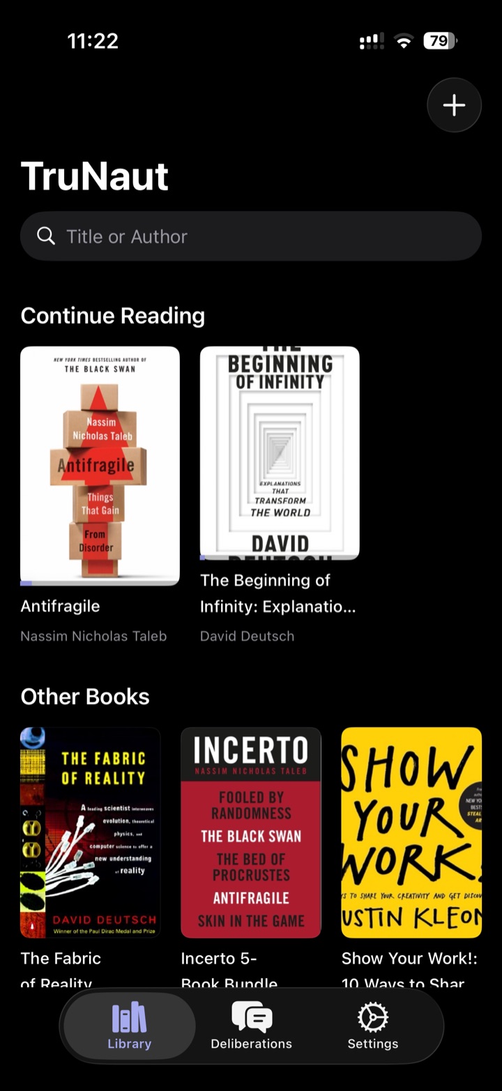 TruNaut library showing book covers, continue reading, and search