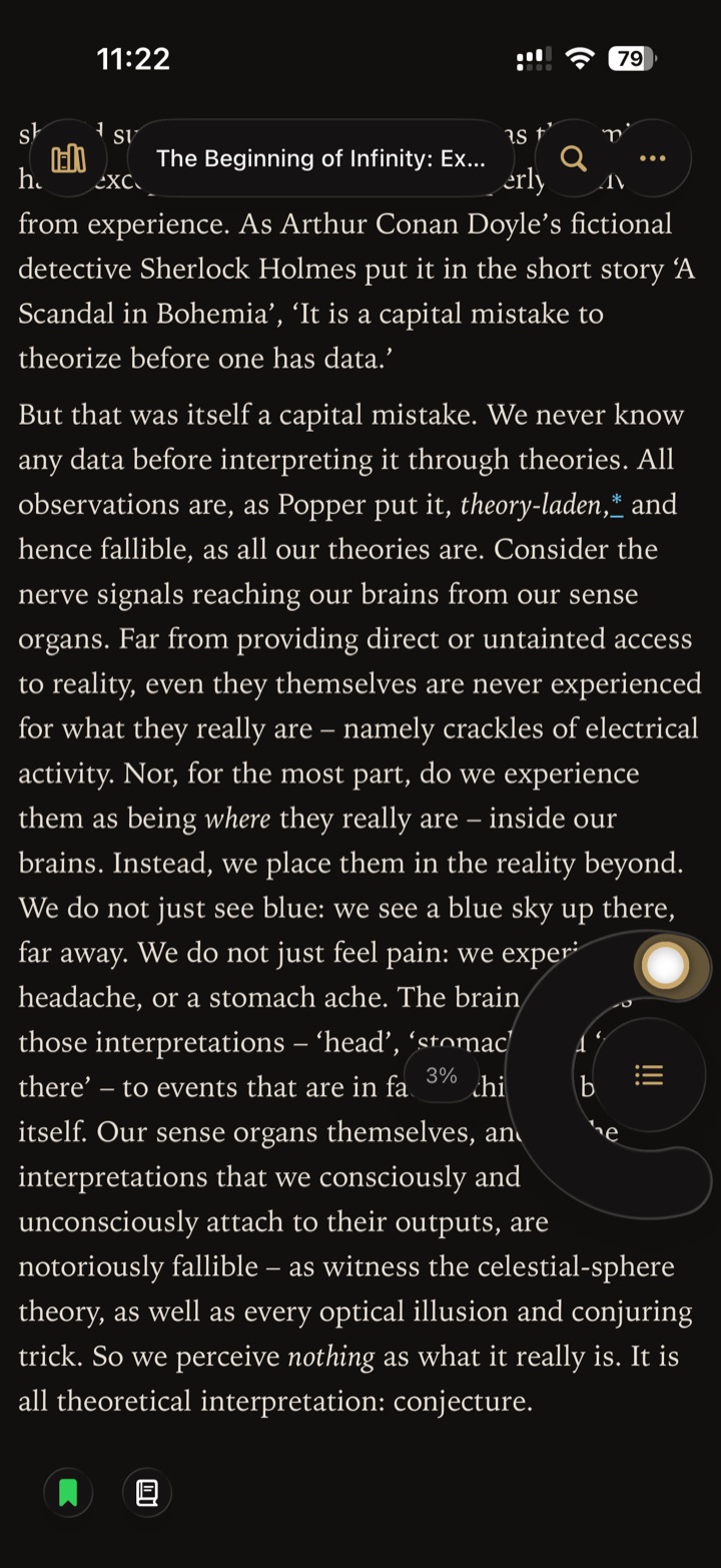 Reading The Beginning of Infinity with floating chrome and bookmark controls