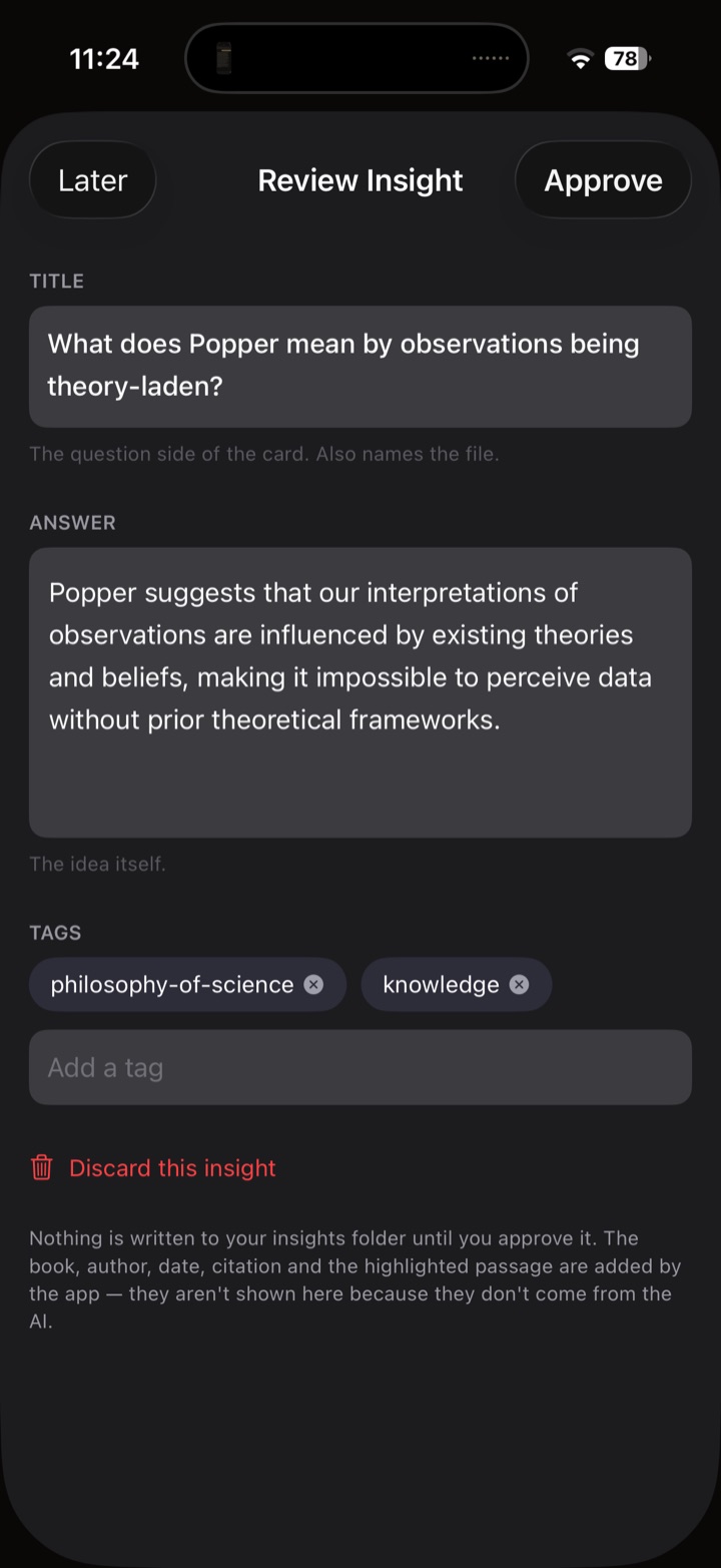 Reviewing a generated insight with title, answer, and tags before approving