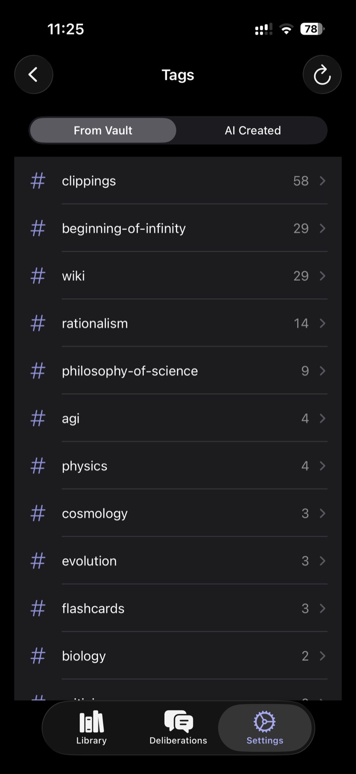 Tag list from the vault with counts beside each tag